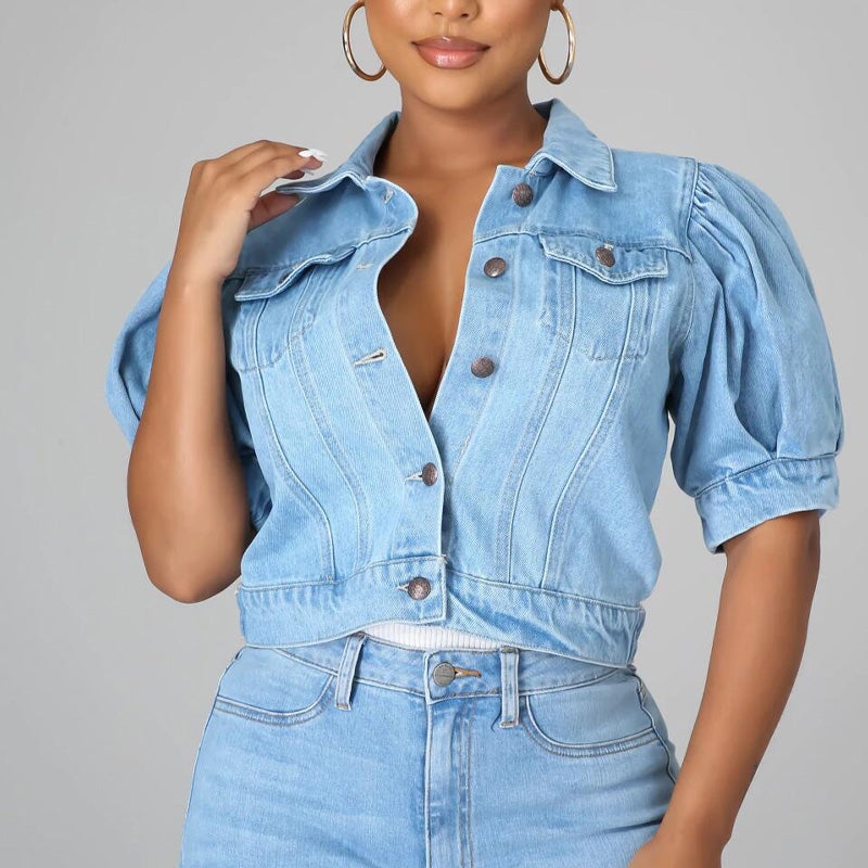 🔥Factory Direct Sales🔥 ✨ Kort jeansjacka för damer med voluminösa ärmar