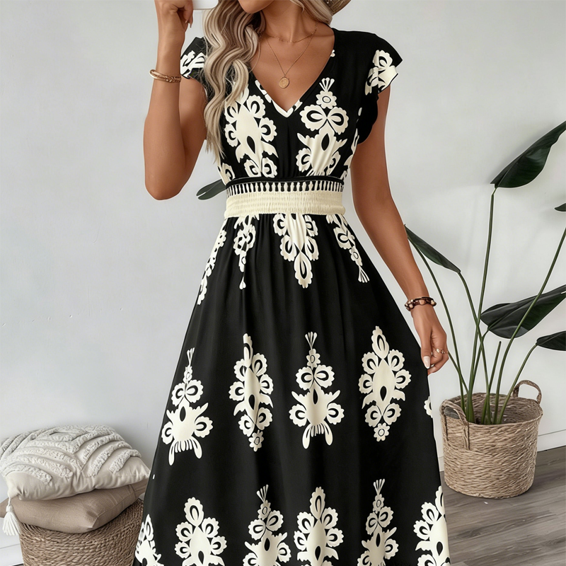 👗 50% RABATT 🌸Maxiklänning med V-ringning och barockmönster för kvinnor