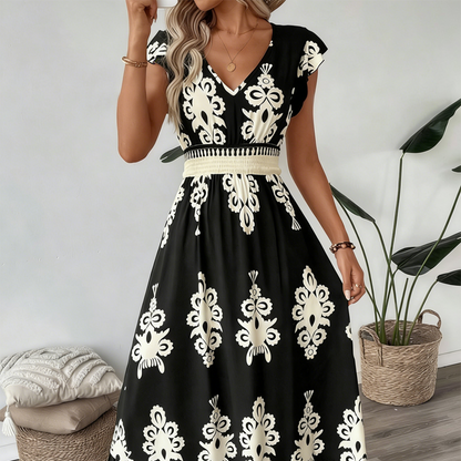 👗 50% RABATT 🌸Maxiklänning med V-ringning och barockmönster för kvinnor