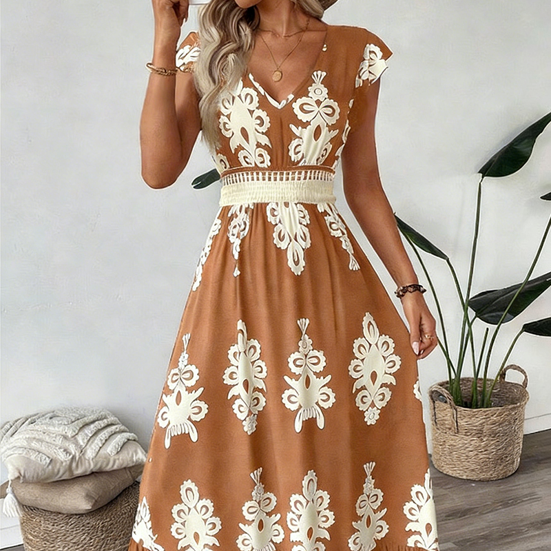 👗 50% RABATT 🌸Maxiklänning med V-ringning och barockmönster för kvinnor