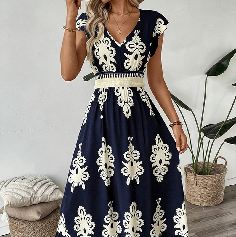 👗 50% RABATT 🌸Maxiklänning med V-ringning och barockmönster för kvinnor