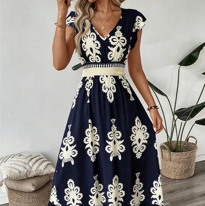 👗 50% RABATT 🌸Maxiklänning med V-ringning och barockmönster för kvinnor