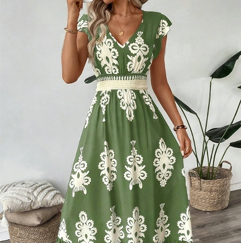 👗 50% RABATT 🌸Maxiklänning med V-ringning och barockmönster för kvinnor