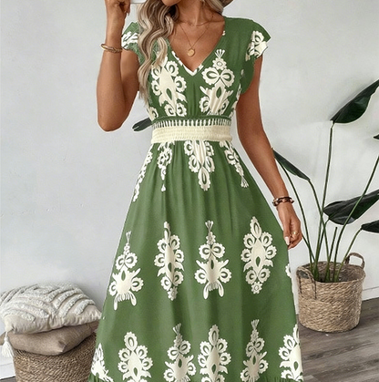 👗 50% RABATT 🌸Maxiklänning med V-ringning och barockmönster för kvinnor