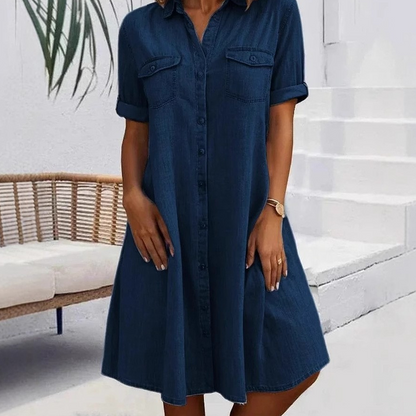 🔥 Tidsbegränsat erbjudande – Upp till 50 % rabatt🔥Casual skjortklänning i denim för dam>