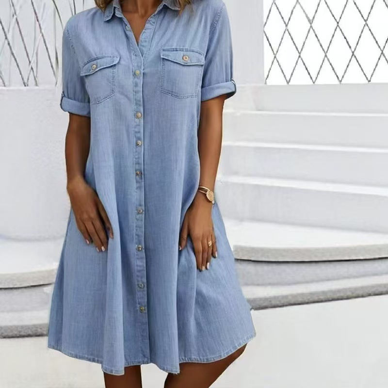 🔥 Tidsbegränsat erbjudande – Upp till 50 % rabatt🔥Casual skjortklänning i denim för dam>