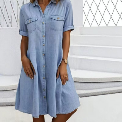 🔥 Tidsbegränsat erbjudande – Upp till 50 % rabatt🔥Casual skjortklänning i denim för dam>