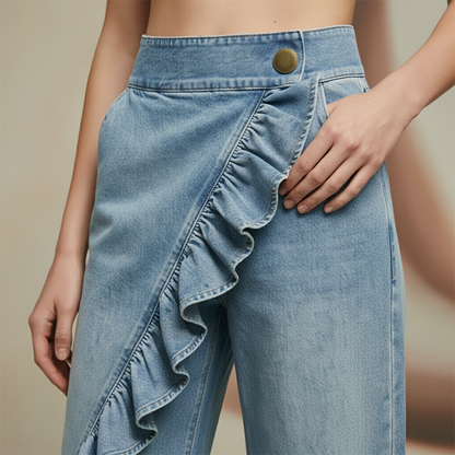 👖 50% RABATT! ⏳ Dam Asymmetriska Volangbyxor med Vida Ben i Denim – Unik Design, Bekväm Passform & Perfekt För En Trendig Look 💙