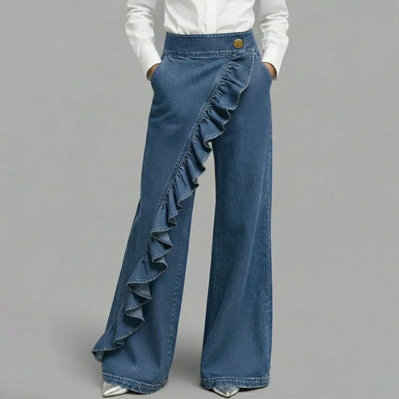 👖 50% RABATT! ⏳ Dam Asymmetriska Volangbyxor med Vida Ben i Denim – Unik Design, Bekväm Passform & Perfekt För En Trendig Look 💙