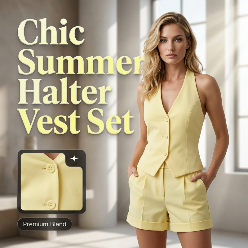 🎁Sista-dagen-erbjudande: 49 % rabatt🔥 2-delars set med halterneck-väst och shorts