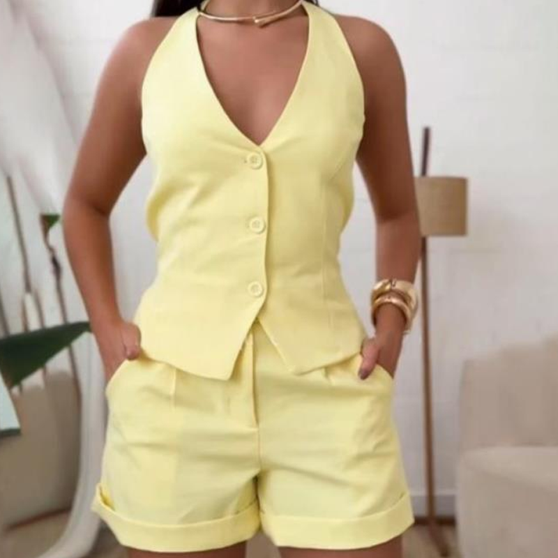 🎁Sista-dagen-erbjudande: 49 % rabatt🔥 2-delars set med halterneck-väst och shorts