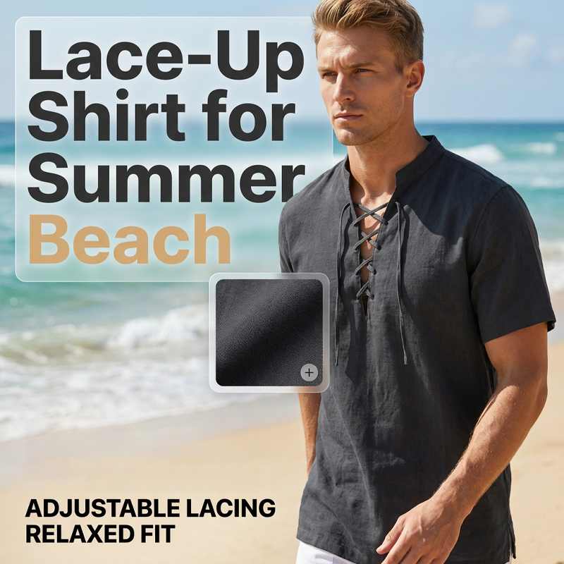 👕 50 % RABATT NU! 🏖️ Kortsluten herrskjorta med snörning – i andningsbar linneblandning ☀️