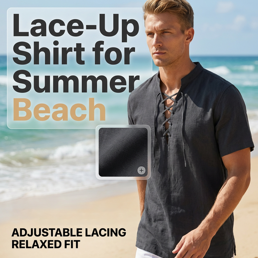 👕 50 % RABATT NU! 🏖️ Kortsluten herrskjorta med snörning – i andningsbar linneblandning ☀️