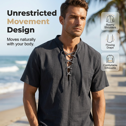 👕 50 % RABATT NU! 🏖️ Kortsluten herrskjorta med snörning – i andningsbar linneblandning ☀️