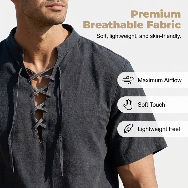 👕 50 % RABATT NU! 🏖️ Kortsluten herrskjorta med snörning – i andningsbar linneblandning ☀️