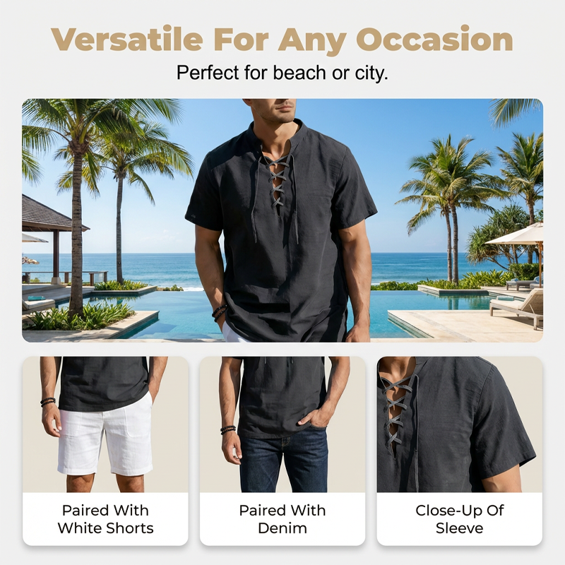 👕 50 % RABATT NU! 🏖️ Kortsluten herrskjorta med snörning – i andningsbar linneblandning ☀️