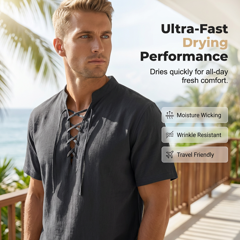 👕 50 % RABATT NU! 🏖️ Kortsluten herrskjorta med snörning – i andningsbar linneblandning ☀️