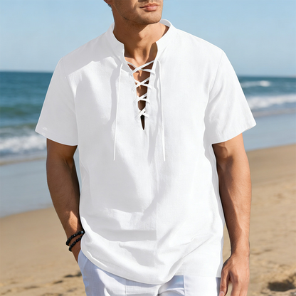 👕 50 % RABATT NU! 🏖️ Kortsluten herrskjorta med snörning – i andningsbar linneblandning ☀️
