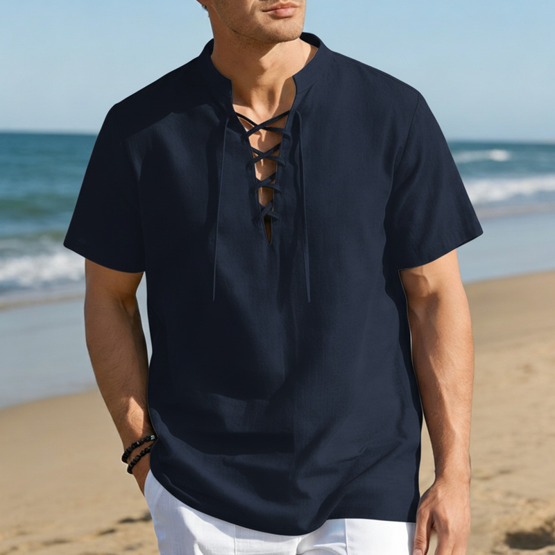 👕 50 % RABATT NU! 🏖️ Kortsluten herrskjorta med snörning – i andningsbar linneblandning ☀️