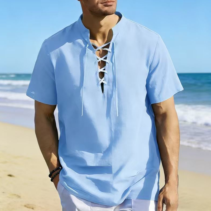 👕 50 % RABATT NU! 🏖️ Kortsluten herrskjorta med snörning – i andningsbar linneblandning ☀️
