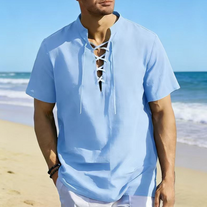 👕 50 % RABATT NU! 🏖️ Kortsluten herrskjorta med snörning – i andningsbar linneblandning ☀️