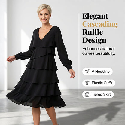 Elegant långärmad klänning med V-ringning och lager-på-lager-design