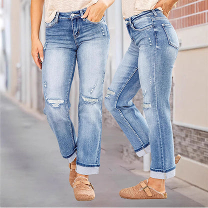 Casual-jeans för damer med slitningar och raka ben