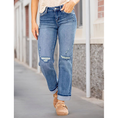 Casual-jeans för damer med slitningar och raka ben