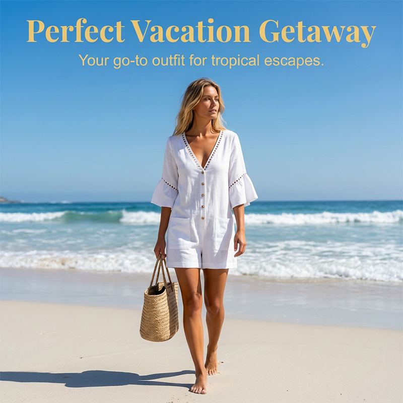 Sommaroverall för damer med V-ringning och klockformade ärmar