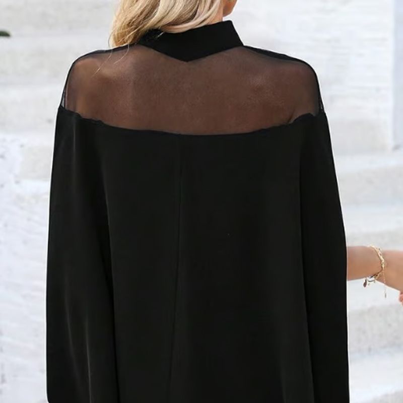 🦇 50% RABATT NU! 🖤 Damernas Hög Hals Batwing Blus – Genomskinlig Panel & Löst Passform ✨