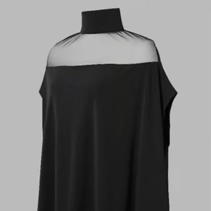 🦇 50% RABATT NU! 🖤 Damernas Hög Hals Batwing Blus – Genomskinlig Panel & Löst Passform ✨