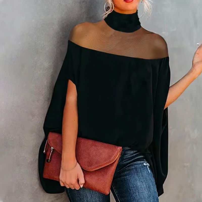 🦇 50% RABATT NU! 🖤 Damernas Hög Hals Batwing Blus – Genomskinlig Panel & Löst Passform ✨