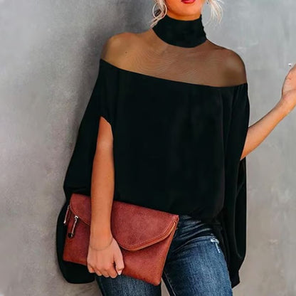 🦇 50% RABATT NU! 🖤 Damernas Hög Hals Batwing Blus – Genomskinlig Panel & Löst Passform ✨