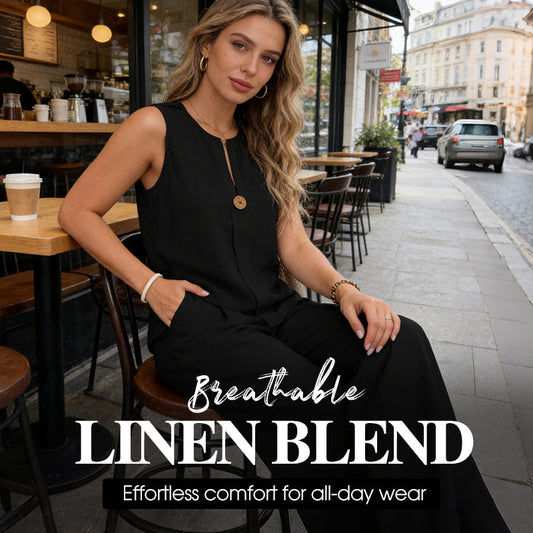 Minimalistisk ärmlös topp och byxor med vida ben