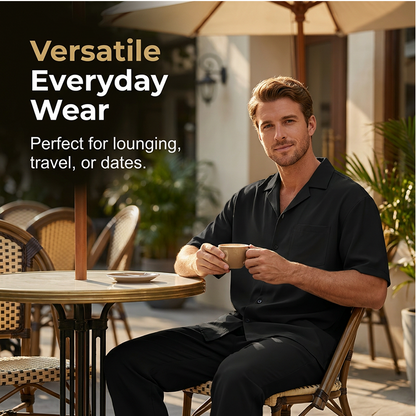 👔✨ Herr Kortärmad Set – Skjorta & Byxor, Camp Krage & Ledig Passform – Andningsbar Polyester & Enfärgad 🌴