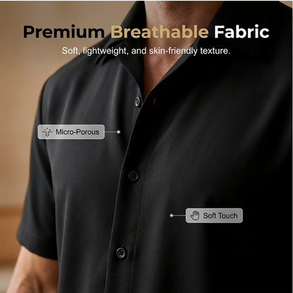 👔✨ Herr Kortärmad Set – Skjorta & Byxor, Camp Krage & Ledig Passform – Andningsbar Polyester & Enfärgad 🌴