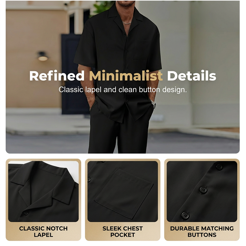 👔✨ Herr Kortärmad Set – Skjorta & Byxor, Camp Krage & Ledig Passform – Andningsbar Polyester & Enfärgad 🌴