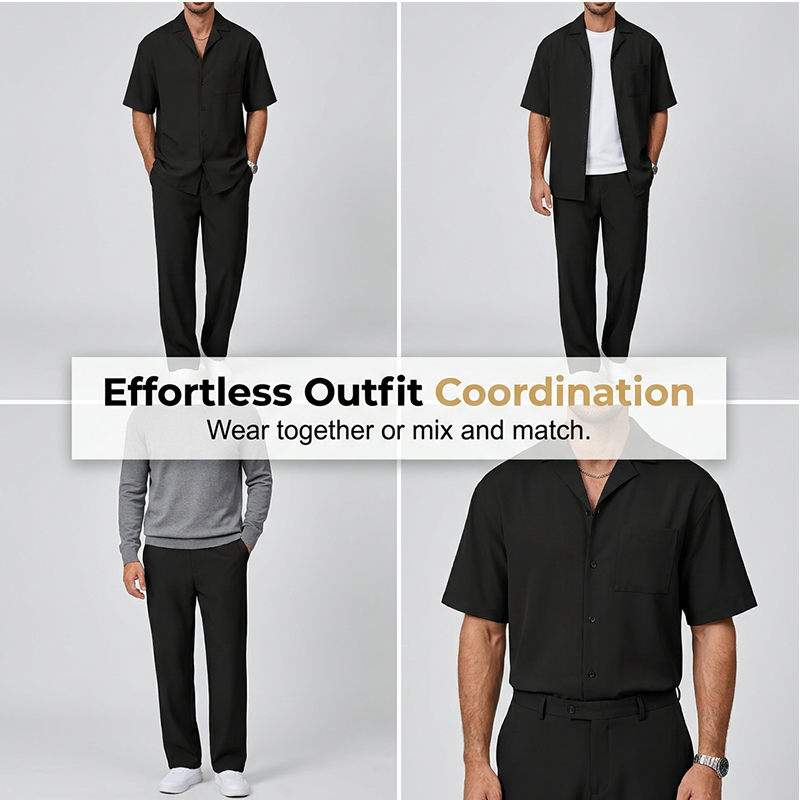 👔✨ Herr Kortärmad Set – Skjorta & Byxor, Camp Krage & Ledig Passform – Andningsbar Polyester & Enfärgad 🌴