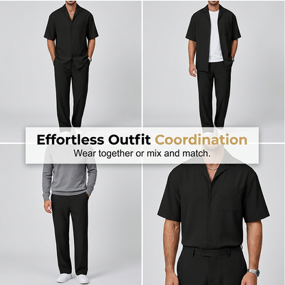 👔✨ Herr Kortärmad Set – Skjorta & Byxor, Camp Krage & Ledig Passform – Andningsbar Polyester & Enfärgad 🌴