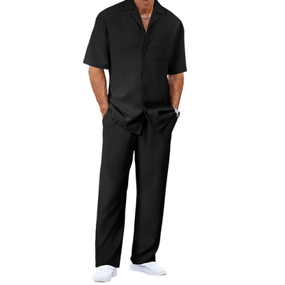 👔✨ Herr Kortärmad Set – Skjorta & Byxor, Camp Krage & Ledig Passform – Andningsbar Polyester & Enfärgad 🌴