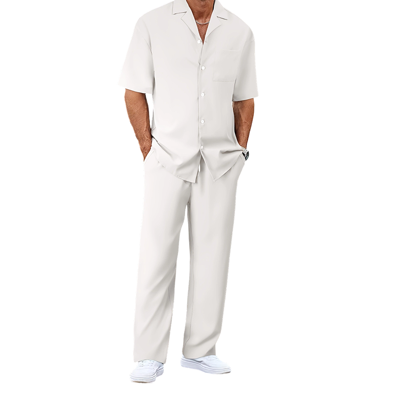 👔✨ Herr Kortärmad Set – Skjorta & Byxor, Camp Krage & Ledig Passform – Andningsbar Polyester & Enfärgad 🌴