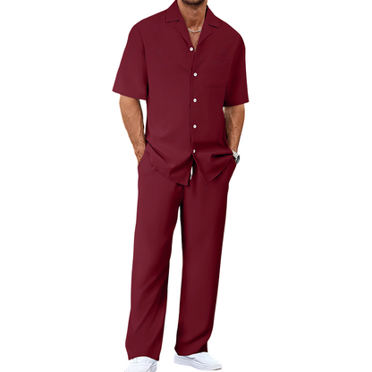 👔✨ Herr Kortärmad Set – Skjorta & Byxor, Camp Krage & Ledig Passform – Andningsbar Polyester & Enfärgad 🌴