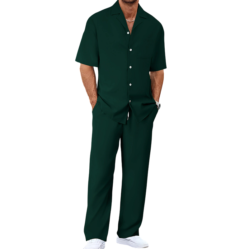 👔✨ Herr Kortärmad Set – Skjorta & Byxor, Camp Krage & Ledig Passform – Andningsbar Polyester & Enfärgad 🌴