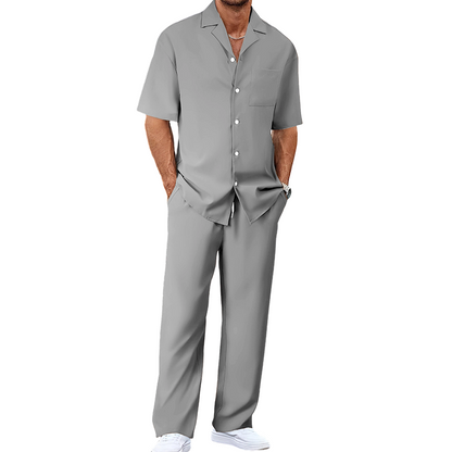 👔✨ Herr Kortärmad Set – Skjorta & Byxor, Camp Krage & Ledig Passform – Andningsbar Polyester & Enfärgad 🌴