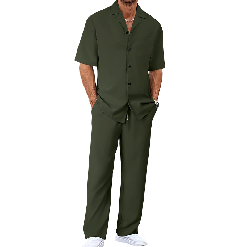 👔✨ Herr Kortärmad Set – Skjorta & Byxor, Camp Krage & Ledig Passform – Andningsbar Polyester & Enfärgad 🌴