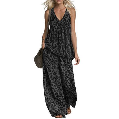 🐆 50% RABATT! 👖 Leopardmönstrat set med ärmlös halternecktopp & vida byxor – Vilt, luftigt & perfekt för sommarens fester och heta dagar ✨
