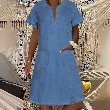 👗 50 % RABATT NU! 🌸Kortärmad denimklänning med V-ringning för dam