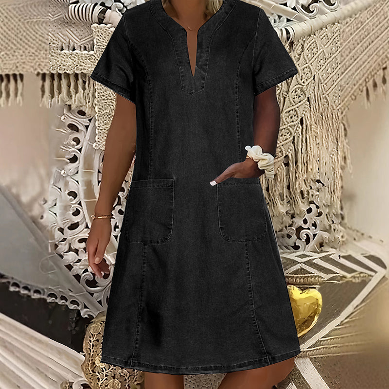 👗 50 % RABATT NU! 🌸Kortärmad denimklänning med V-ringning för dam