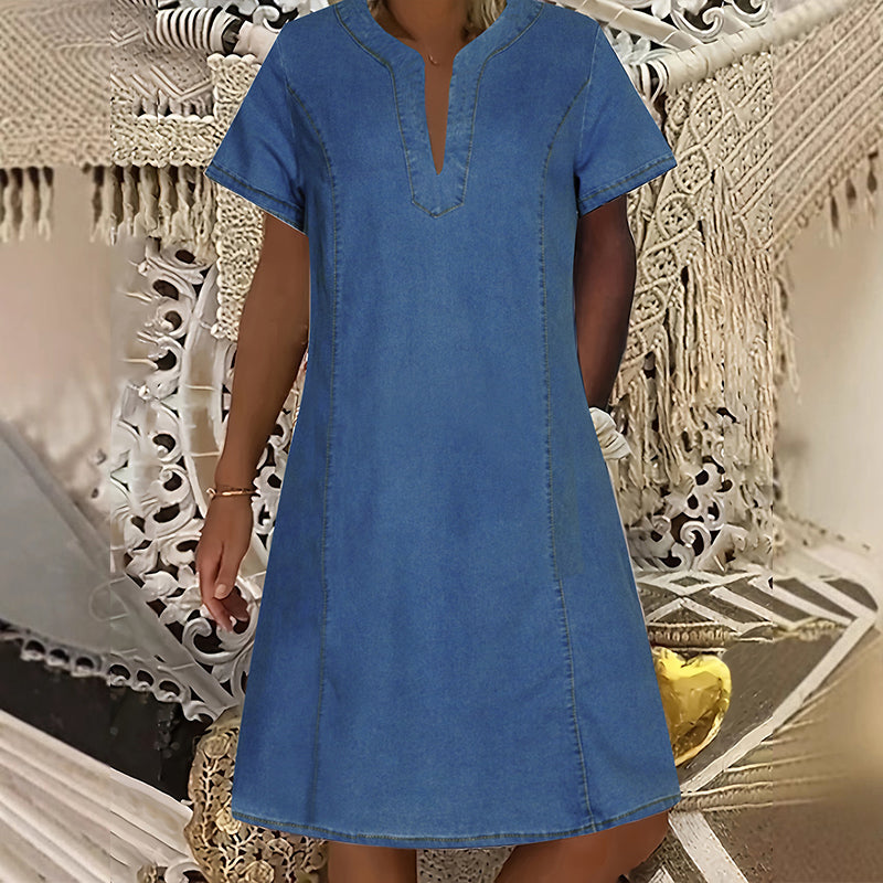 👗 50 % RABATT NU! 🌸Kortärmad denimklänning med V-ringning för dam