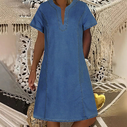 👗 50 % RABATT NU! 🌸Kortärmad denimklänning med V-ringning för dam